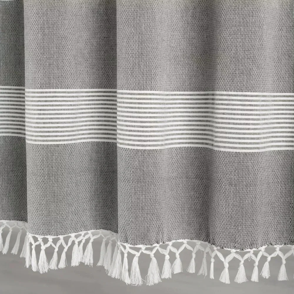 2Tucker Stripe Yarn Dyed Cotton‎ Knotted Tassel Window Curtain Panels Gray 40X95